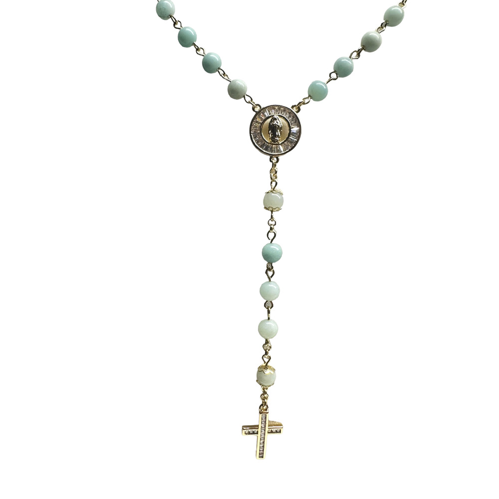 Our Lady of Guadalupe Rosary Necklace Light Green Round Beads Cross NEW